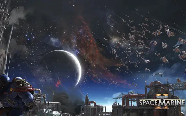4K Ultra HD PC desktop wallpaper: Warhammer Space Marine video game art — a Space Marine in power armor stands on an industrial rooftop as a crescent moon and vast fleet fill the war-torn starfield.