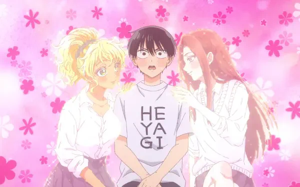 HD PC desktop wallpaper of Gals Can't Be Kind to Otaku!? — Kei Amane and Kotoko Ijichi flank a blushing Takuya Seo against a pink, cherry-blossom patterned background.