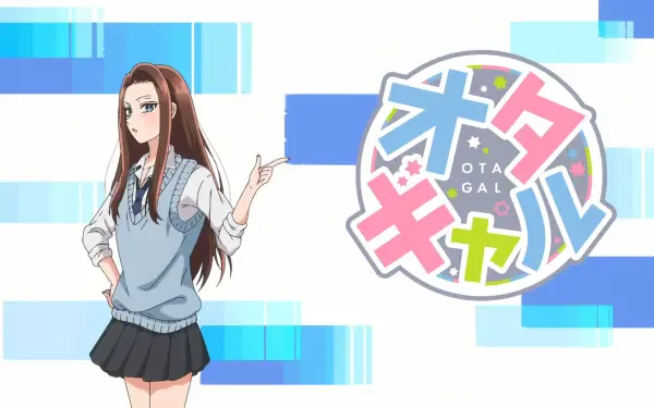 HD PC desktop wallpaper of Kei Amane from the anime Gals Can't Be Kind to Otaku!?; she stands in a school uniform beside the show's colorful logo on a white and blue geometric background.