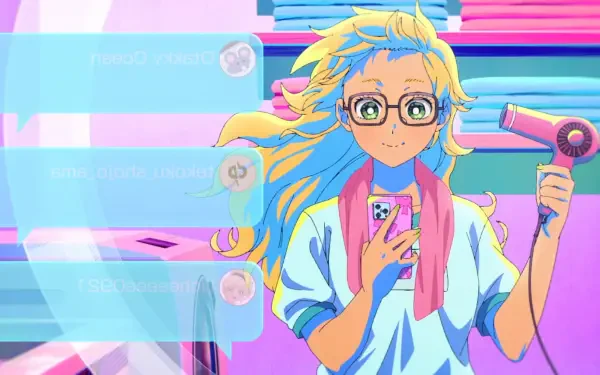 HD PC wallpaper of Kotoko Ijichi from the anime Gals Can't Be Kind to Otaku?!, bright neon background, smiling while holding a phone and a hairdryer.