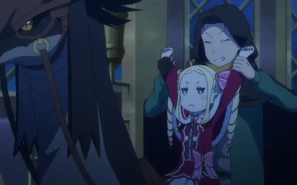 HD PC desktop wallpaper: anime scene of Beatrice (Re:ZERO) squirming as Subaru Natsuki lifts her, tagged with Gals Can't Be Kind to Otaku!?