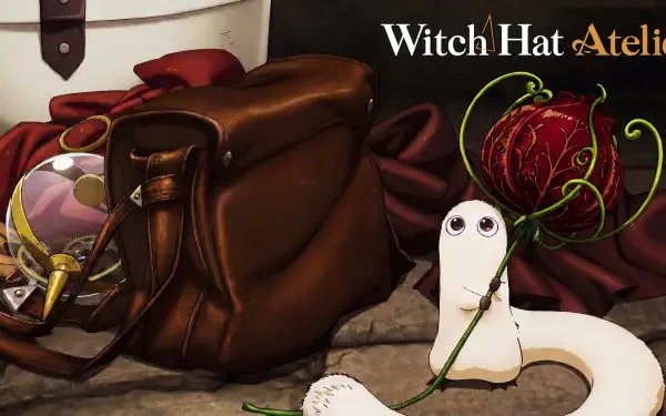 Witch Hat Atelier anime fantasy 5K Ultra HD PC desktop wallpaper: cute white slug-like familiar clutching a rose vine beside a leather satchel and ribbon on a stone floor.