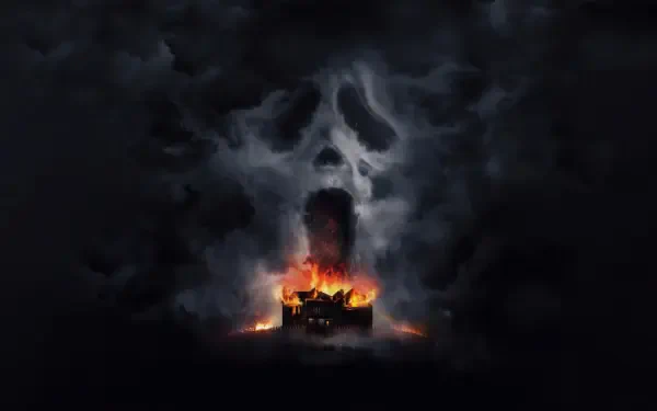 Scream 7 8K Ultra HD PC Desktop Wallpaper and Background: a burning car casts light beneath a towering, smoke-formed Ghostface mask rising from dark, stormy clouds.