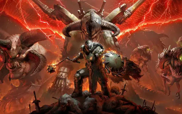 DOOM: The Dark Ages 4K Ultra HD PC Desktop Wallpaper and Background — armored Doom Slayer atop a mound of corpses under a blood-red sky, confronting towering demonic skull-creatures and scattered medieval weapons.