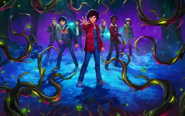4K Ultra HD PC desktop wallpaper of TV show Stranger Things: Tales from '85 — a group of teens with flashlights stand amid glowing tendrils in a purple-blue otherworldly landscape.