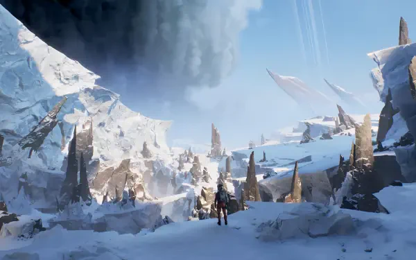 Aphelion video game 4K Ultra HD PC desktop wallpaper and background: lone explorer in a frozen, jagged mountain valley beneath a pale blue sky and distant shafts of light.