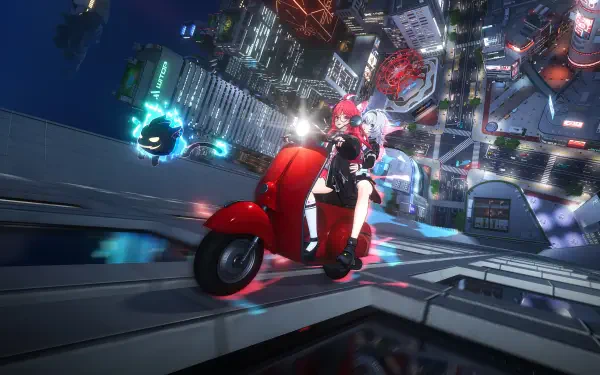 Mobile game Neverness to Everness 4K Ultra HD PC desktop wallpaper: rider on a red scooter races along a tilted glass walkway above a neon-lit cyberpunk city at night.