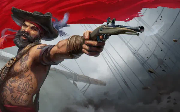 Windrose video game 4K Ultra HD PC desktop wallpaper: tattooed pirate gunslinger fires a flintlock pistol amid storm-tossed sails and a blood-red banner.
