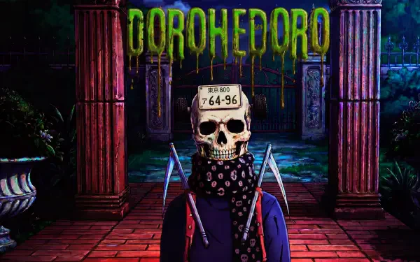 5K Ultra HD PC wallpaper of Ebisu (Dorohedoro Season 2): skull-faced anime figure with 64-96 license-plate mask, bandana and blades, set against a neon-dripping horror aesthetic.