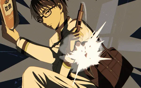 Anime HD PC desktop wallpaper of Juuzou Ougami (KILL BLUE), wearing glasses, mid-action with book and satchel, bright burst of light and dynamic motion.