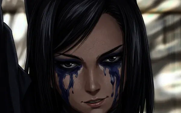 Ergo Proxy anime girl with long black hair, blue smeared tears and a hard dystopian/post-apocalyptic stare — 5K Ultra HD anime desktop wallpaper