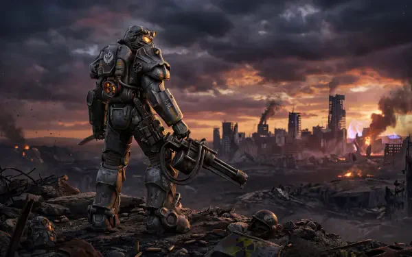 5K Ultra HD PC Desktop Wallpaper and Background — a lone armored soldier in power armor grips a heavy gun on rubble and skulls, overlooking a burning, ruined city beneath a stormy sky.