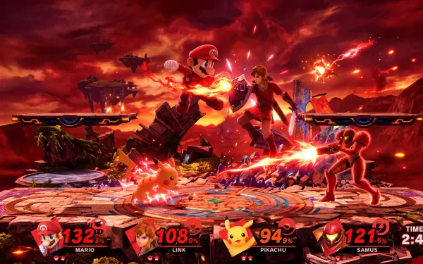 5K Ultra HD PC Super Smash Bros. desktop background: fiery battlefield with Mario, Pikachu and fighters clashing on a floating stage, damage HUD visible.