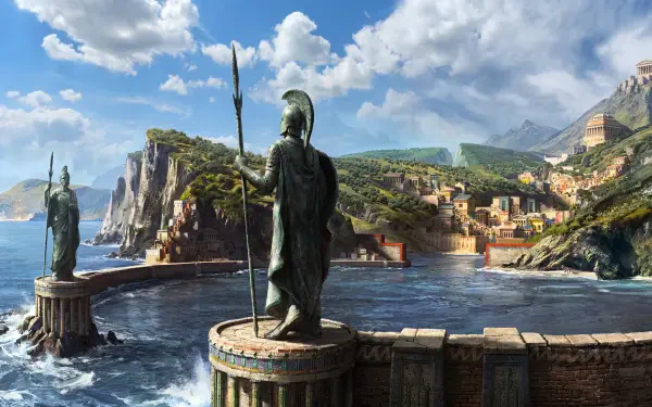 5K Ultra HD PC wallpaper: Hellenic-inspired Numenor port city from Lord of the Rings—towering warrior statues on circular sea bastions, ancient wonders and a ringed citadel.