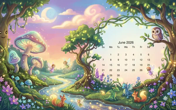 Whimsical fairy-tale landscape with glowing stream, mushrooms, owls and foxes beside a June 2026 calendar — 5K Ultra HD PC desktop wallpaper and background.