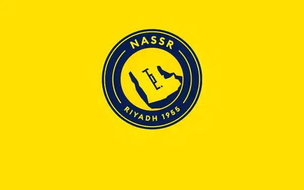 Bright yellow 4K PC wallpaper showing a navy circular Al-Nassr FC soccer sports logo with a stylized map and Nassr Riyadh 1955 centered.