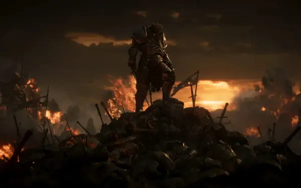HD PC desktop wallpaper from the video game Tainted Grail: The Fall of Avalon — a lone fantasy knight in dark armor atop a mound of corpses and broken weapons as fires burn beneath a smoky sunset.