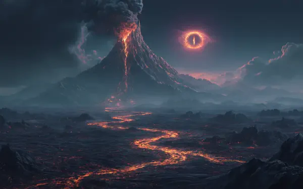 2K Quad HD PC wallpaper: dark volcanic landscape from The Lord of the Rings movie, molten rivers flowing from an erupting volcano beneath a fiery Eye in a smoky sky.