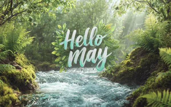 2K Quad HD PC desktop wallpaper: Hello May lettering floating above a sunlit, mossy stream surrounded by lush spring nature.