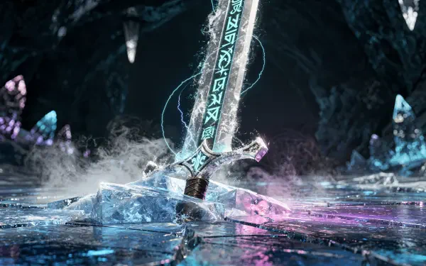 4K Ultra HD PC desktop wallpaper and background: a glowing legendary sword plunged into cracked ice in a crystal cavern, rune-lit blade and swirling mist.