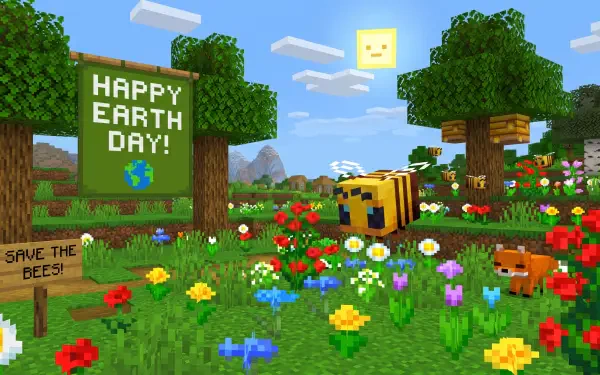 Earth Day video game Minecraft 2K Quad HD PC desktop wallpaper: blocky meadow with a Happy Earth Day! sign, colorful flowers, a bee, trees, a fox and a smiling sun.