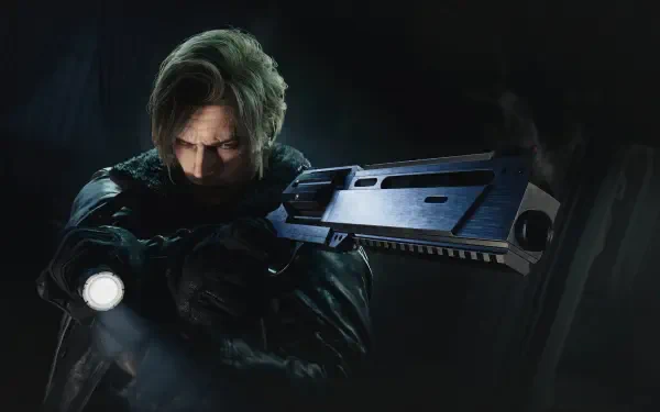 Video game 4K Ultra HD PC desktop wallpaper: Leon S. Kennedy from Resident Evil Requiem aims a shotgun, flashlight beam cutting through a tense, shadowed background.