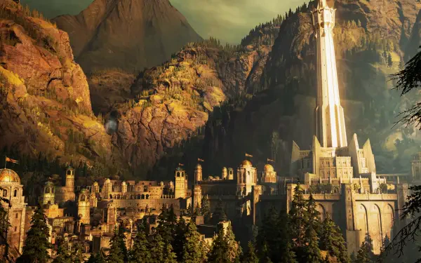 5K Ultra HD desktop wallpaper of Minas Ithil in the Lord of the Rings — Middle-earth: Shadow of Mordor scene: an ancient fortress city with a towering spire among rugged mountains.