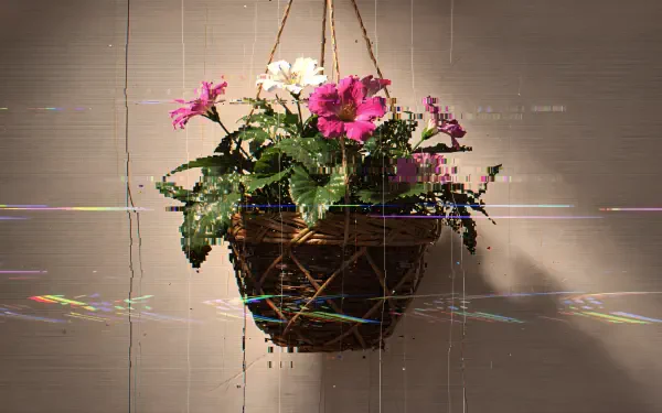4K Ultra HD PC desktop wallpaper and background — woven hanging basket of pink and white flowers suspended against a neutral wall with faint digital glitch streaks.