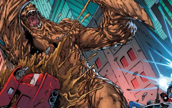 Comic villain Clayface towering over a city, clay limbs crushing a car amid debris and electric blasts — 4K Ultra HD PC desktop wallpaper/background.