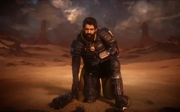 HD PC desktop wallpaper and background: Saros, a bearded armored video game warrior kneeling in a windswept desert beneath stormy skies.