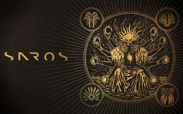 4K Ultra HD PC desktop wallpaper for the video game Saros: gold-on-black ornate circular sigil featuring a crowned, many-armed throne figure surrounded by arcane symbols and radiating lines.