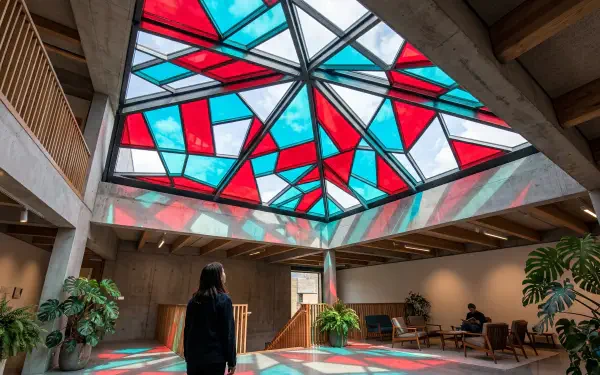5K Ultra HD PC desktop wallpaper and background: modern atrium with geometric stained-glass skylight in red, teal and white, casting colored patterns; lone figure stands among plants and seating.