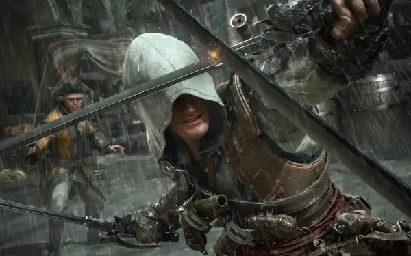 Assassin's Creed IV: Black Flag 4K Ultra HD PC desktop wallpaper — video game scene of a hooded pirate assassin lunging through rain, crossed blades and flintlock pistol in a stormy dock fight.