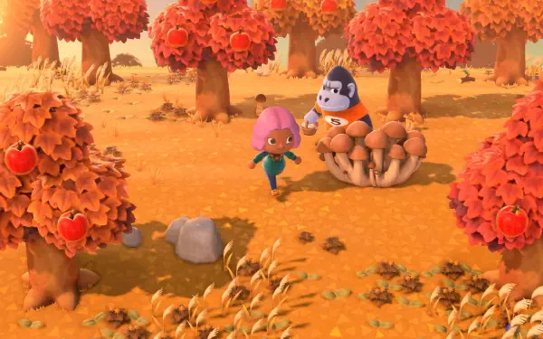 Animal Crossing: New Horizons HD PC desktop wallpaper — a pink-haired player and a gorilla villager gather mushrooms under orange autumn trees with apples and fallen leaves.