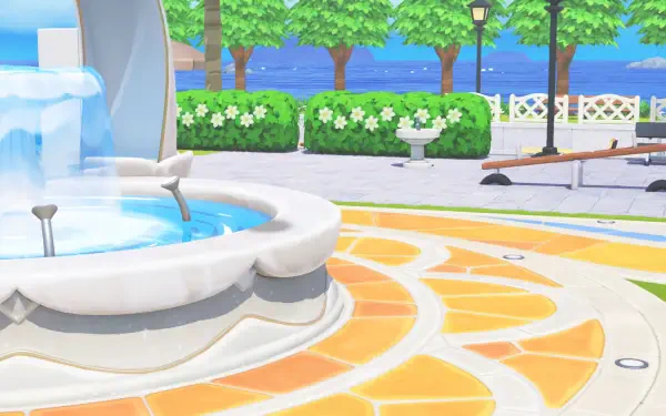 Tomodachi Life, Tomodachi Life: Living the Dream HD PC desktop wallpaper — bright park scene with a white fountain, orange-tiled plaza, green trees and waterfront benches.