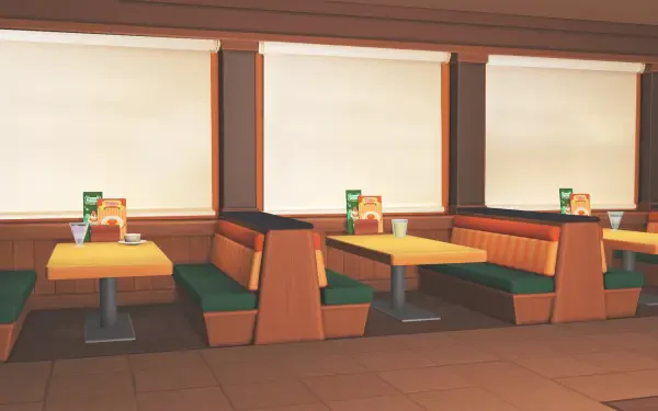 Tomodachi Life, Tomodachi Life: Living the Dream HD PC desktop wallpaper — cozy empty diner interior with booth seating beneath three windows.