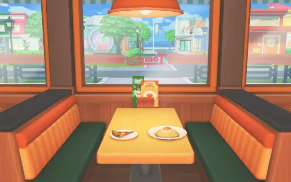 Tomodachi Life, Tomodachi Life: Living the Dream — HD PC desktop wallpaper/background of a cozy diner booth with two plates on the table and a colorful town seen through the window.