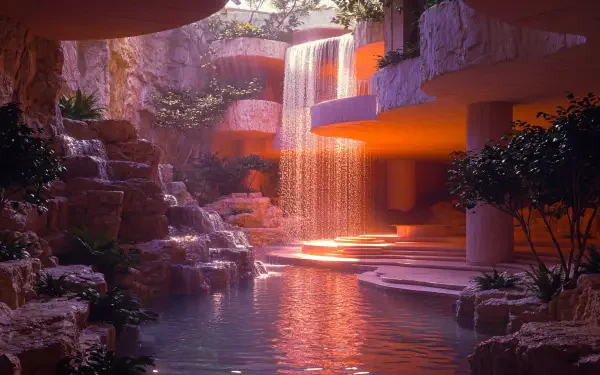 Dreamy poolcore liminal space, surreal 5K Ultra HD PC desktop wallpaper and background: glowing cavern pool with terraced platforms, warm orange light, cascading waterfall and reflections.