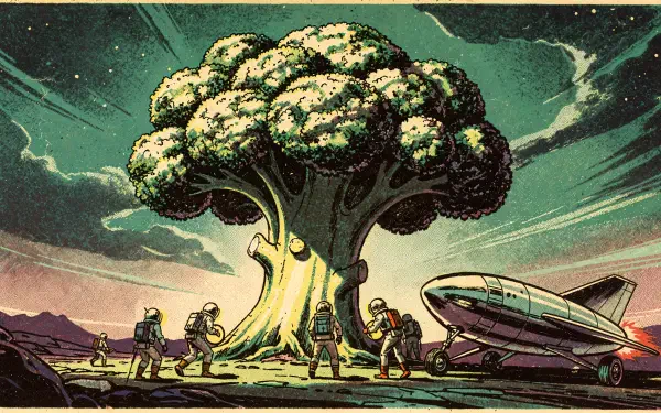 4K Ultra HD PC desktop wallpaper showing a massive broccoli-like tree on an alien plain, explorers in suits and a landed spaceship beneath a starry sky.