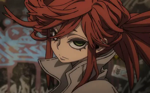 Anime portrait of Riyou Reaper (Gachiakuta): red-haired, green-eyed scowling figure in a high-collared coat — 4K Ultra HD PC desktop wallpaper/background.
