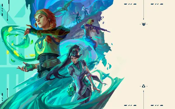 4K Ultra HD Valorant PC wallpaper featuring Sage, Skye, Miks and Reyna in dynamic teal-blue action poses, swirling energies and abstract tech elements across the backdrop.