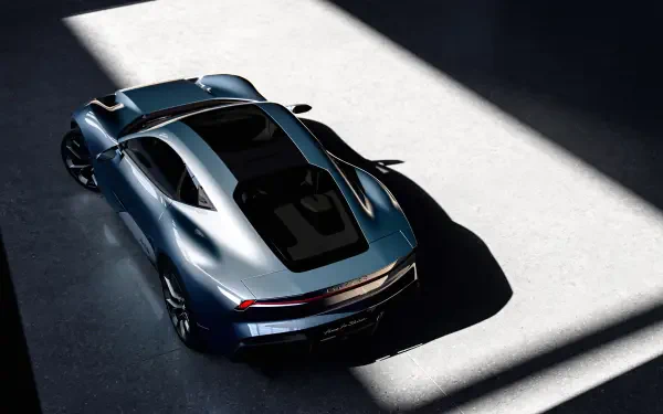 Lynk & Co GT hypercar in metallic blue, top-down view with dramatic light beams; 4K Ultra HD PC desktop wallpaper and background.