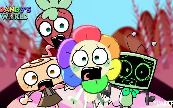 4K Ultra HD PC desktop wallpaper and background from Dandy's World: panicked cartoon characters — rainbow-petal flower, TV-headed bot and others — racing through a surreal survival game landscape.
