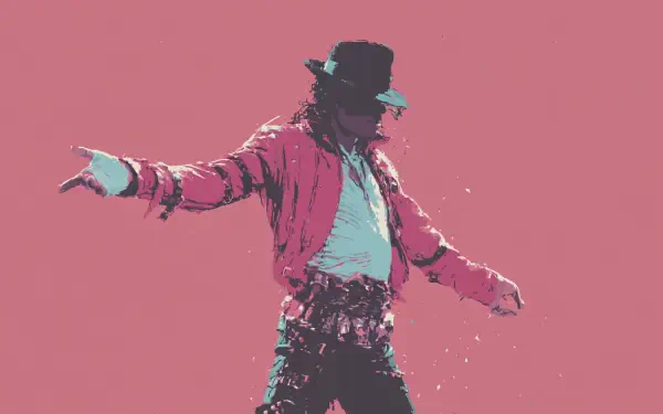Minimalist red 2K Quad HD PC desktop wallpaper of a male pop singer in a black fedora and red jacket striking a dynamic dance pose.