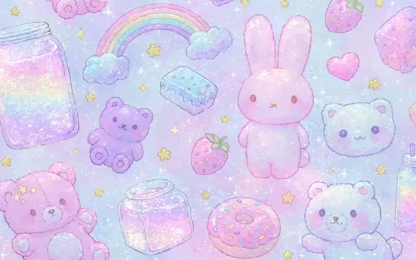 Whimsical pastel fairy-kei cutecore kawaii illustration of jars, bunny and bear plushies, donuts, rainbows and hearts — 2K Quad HD PC desktop wallpaper/background.
