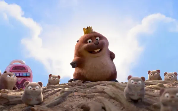 Animated movie Hoppers 2K Quad HD PC wallpaper: a crowned, smiling furry leader stands on a rocky mound surrounded by many small, wide-eyed rodent-like companions under a bright blue sky.