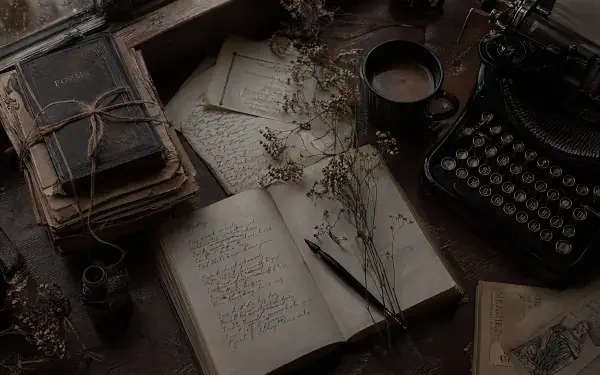 Poetcore 4K Ultra HD PC desktop wallpaper and background: moody writing desk with open notebook of handwritten verses, fountain pen, ink pot, vintage typewriter, tied books, dried flowers and coffee.