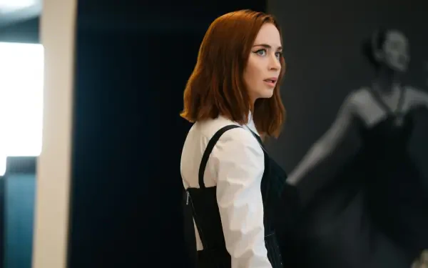 5K Ultra HD PC wallpaper: red-haired woman in a stylish office/gallery setting, cinematic still tagged The Devil Wears Prada 2.
