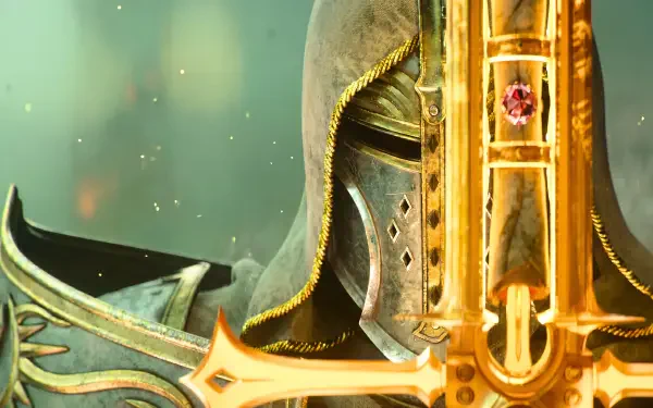 Diablo IV Lord of Hatred paladin in ornate golden helmet and sword — Warrior of Light art by Blizzard Entertainment, 5K Ultra HD PC desktop wallpaper