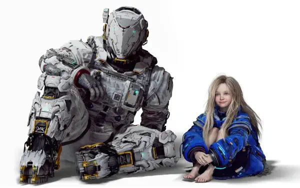 Pragmata 4K Ultra HD PC desktop wallpaper/background: a massive futuristic armored astronaut seated beside a relaxed young girl in a blue coat on a white backdrop.